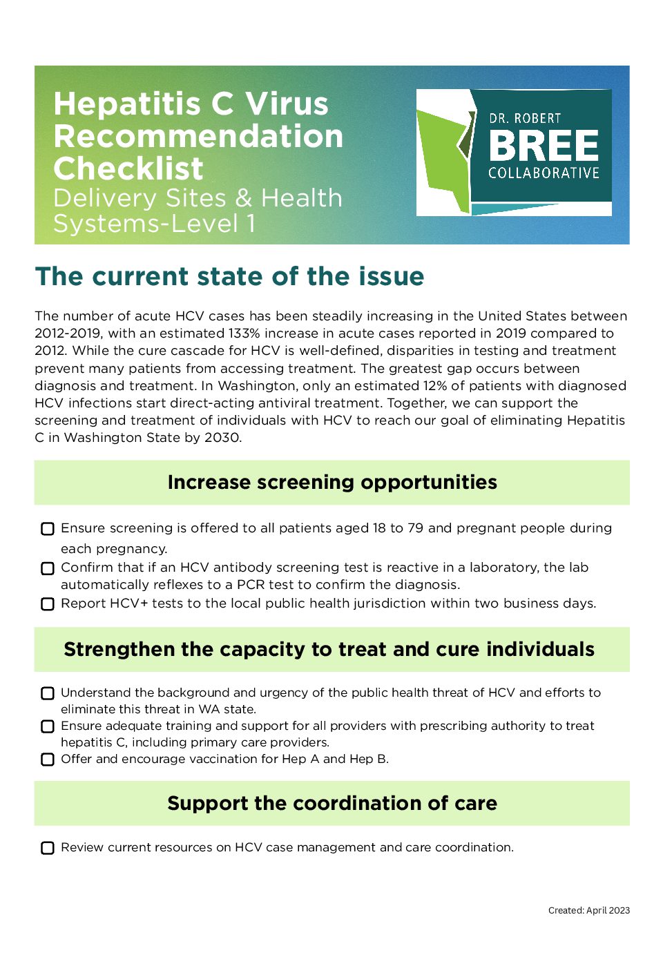 HCV Checklist Health Delivery Systems -Level 1