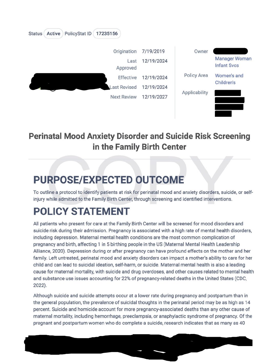 Org 3_ Perinatal mood anxiety disorder policy_Redacted